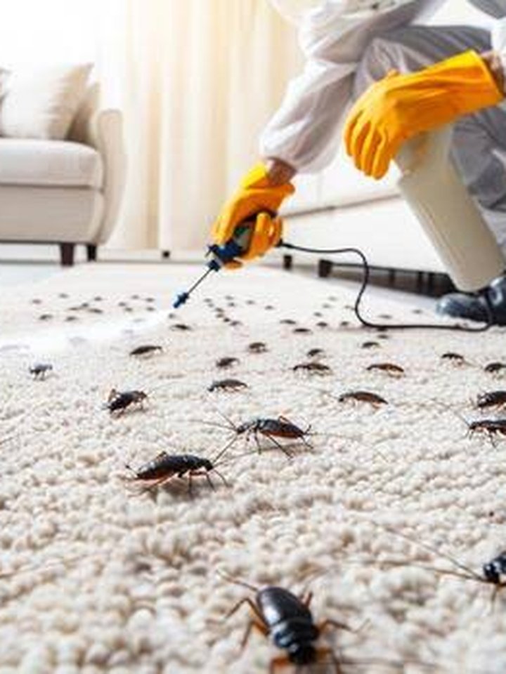 Technician treating a cockroach infestation on a carpeted floor