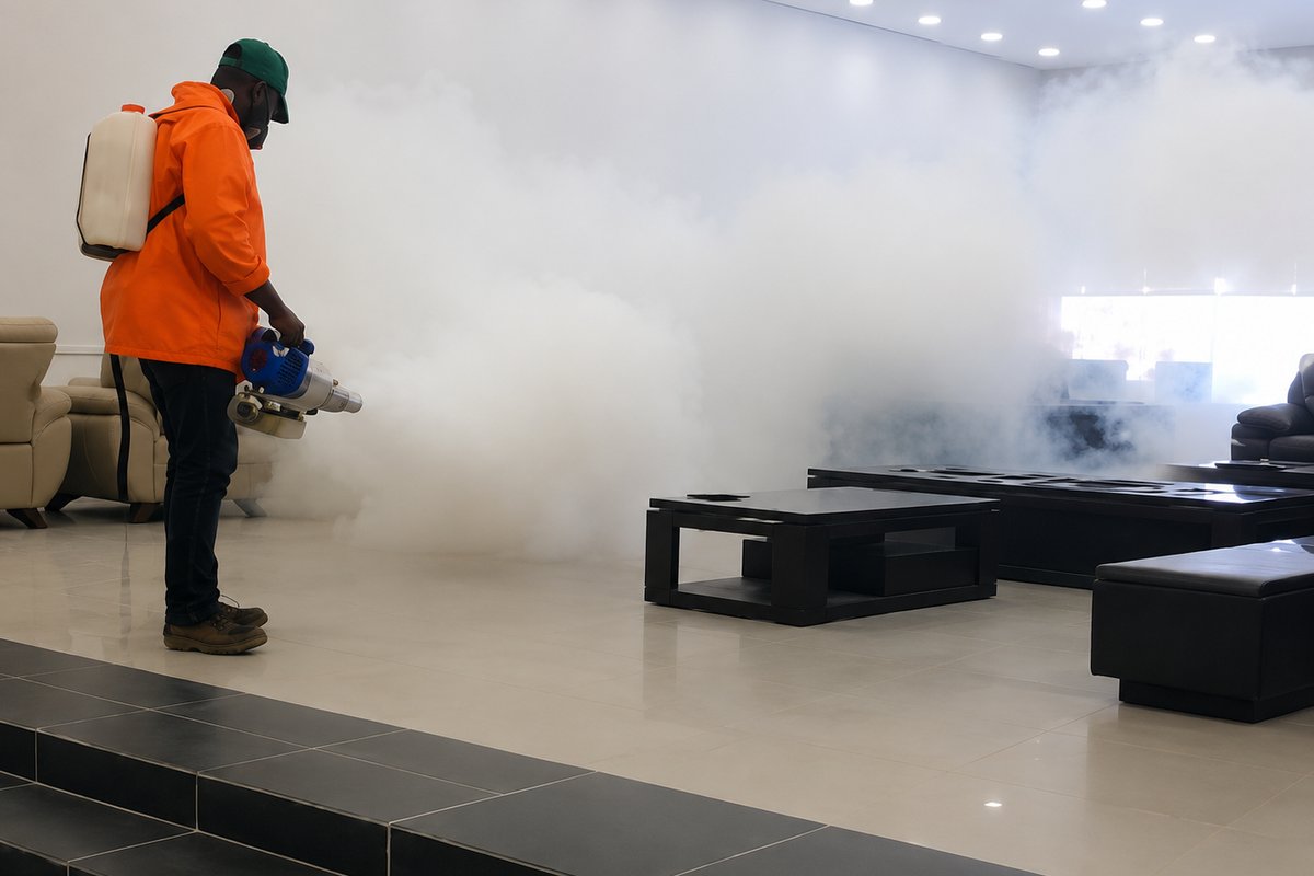 Technician fumigating a residential living room with heavy fogging smoke