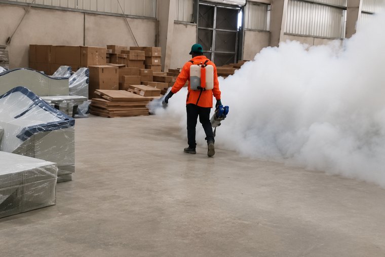 Technician fumigating a furniture warehouse