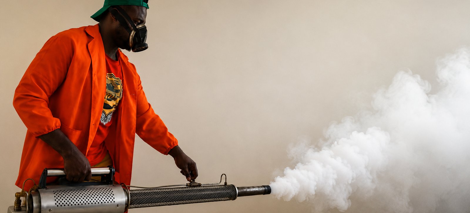 Technician in orange PPE operating a fumigation fogger with heavy smoke
